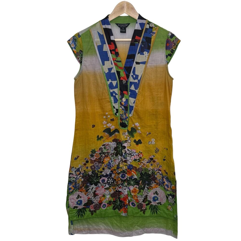 Citron Santa Monica 100% Ramie Size Small Ombre Floral Print Cap Sleeve Dress